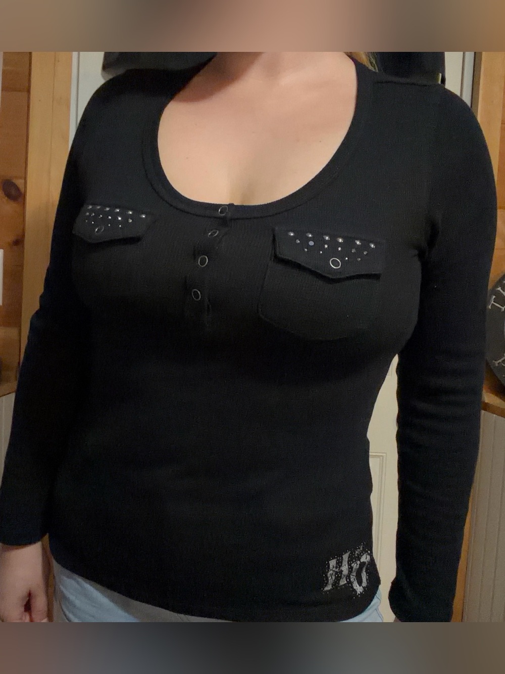 Harley Davidson Long Sleeve Waffle Knit Henley Top Pockets Back Graphic